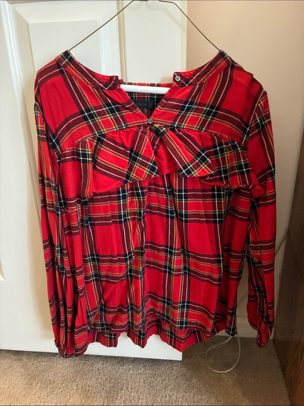 J. Crew Red Plaid Ruffle Yoke Blouse